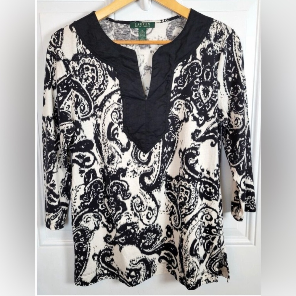 Lauren Ralph Lauren Black and Cream Paisley Blouse.